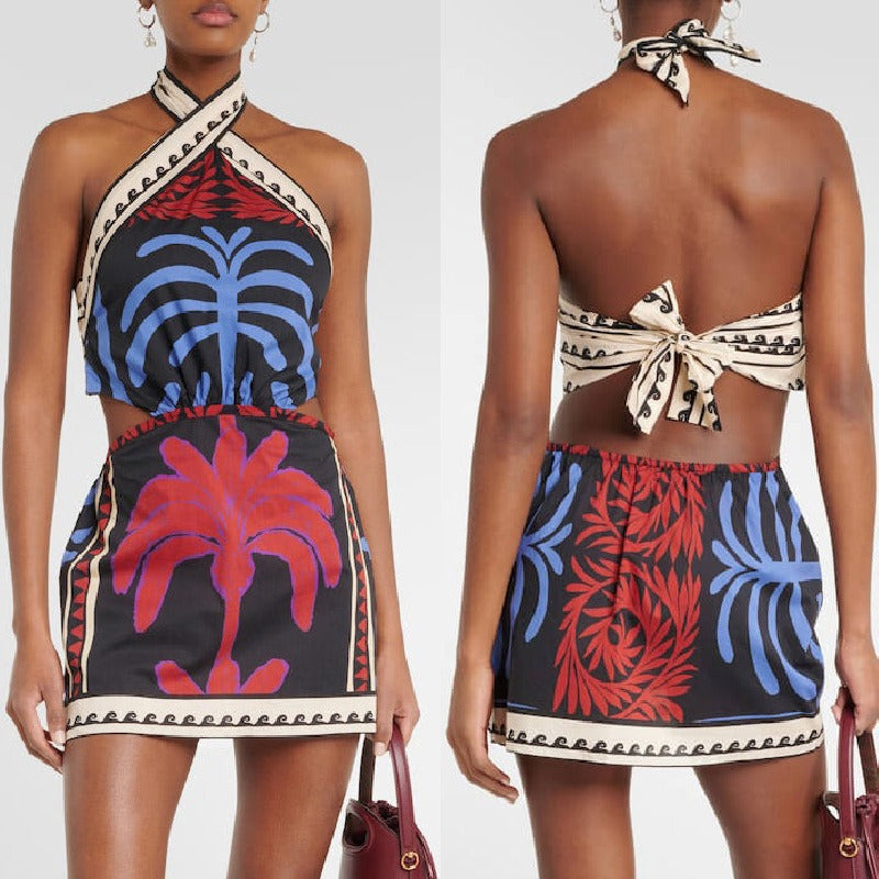 Summer fashion vacation hanging neck backless printed sexy beach skirt dress