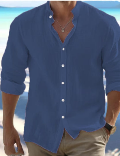 Casual Linen Button-Down Shirt for Men Long Sleeve Solid Color Stand Collar Summer Beach Wear Everyday Clothing