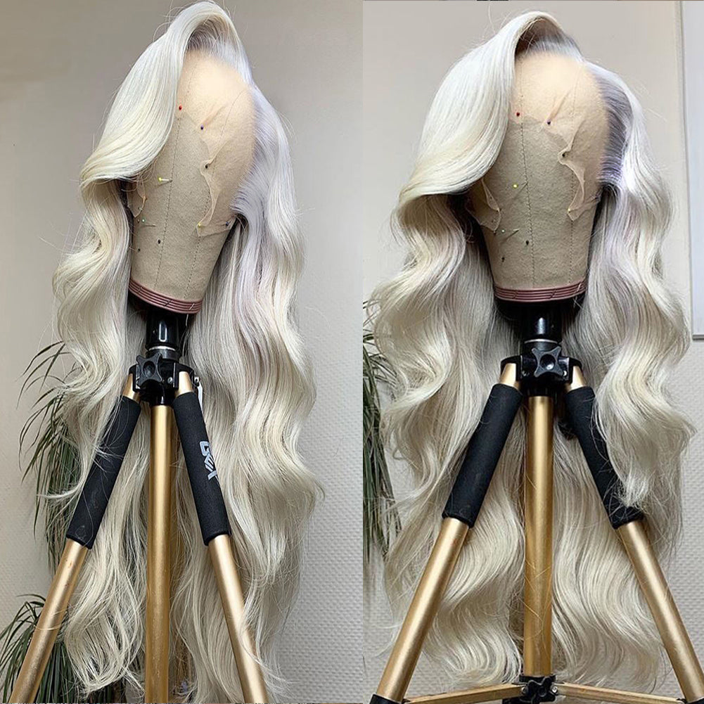 Lange golvende synthetische lace front pruik