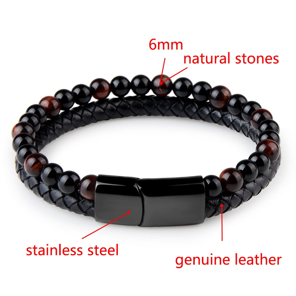 Natuursteen gevlochten armband van echt leer voor heren