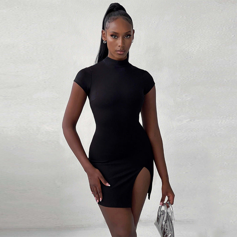 Summer new backless lace up high neck sexy split hip dress