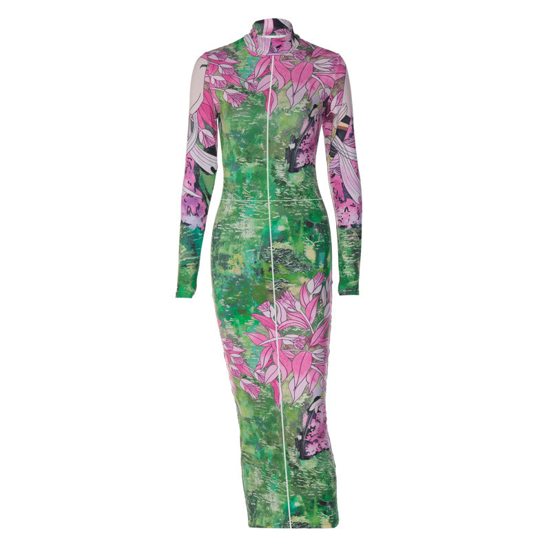 Dames lange mouwen hoge hals bodycon midi-jurk met bloemenprint