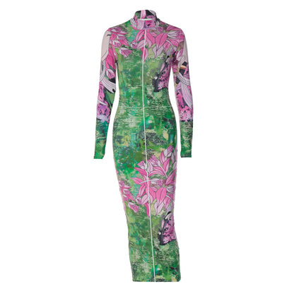 Dames lange mouwen hoge hals bodycon midi-jurk met bloemenprint