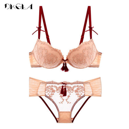 Palace Tassel Bra Set Push up Thick Cotton Brassiere Embroider Lingerie Set Lace Sexy Bras Women Underwear Set
