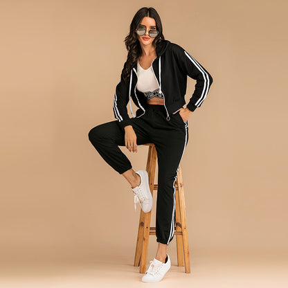 Drawstring Side Stripe Zip Up Hooded Top and Pants Set