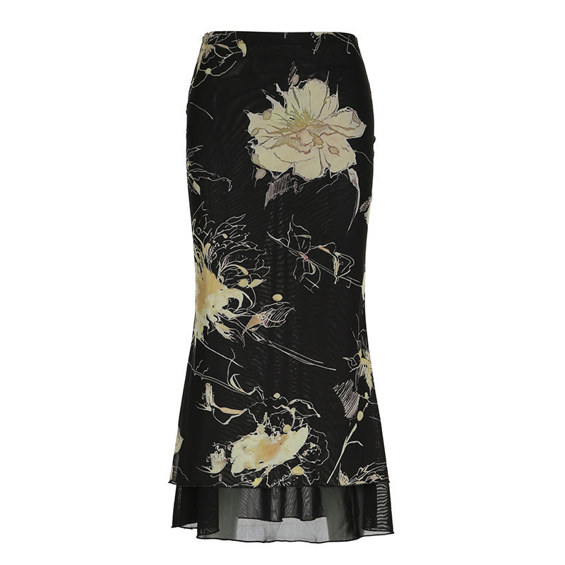 Retro Forest Floral Print Low Waist Slimming Skirt Spicy Girl Bodycon Versatile Slimming A-Line Long Skirt