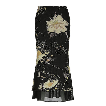 Retro Forest Floral Print Low Waist Slimming Skirt Spicy Girl Bodycon Versatile Slimming A-Line Long Skirt