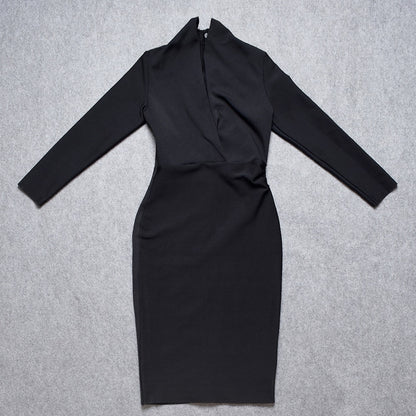 Black V Neck Long Sleeve Lady's Party Dresses Newest Spring Sexy Bodycon Elastic Midi Bandage Dress