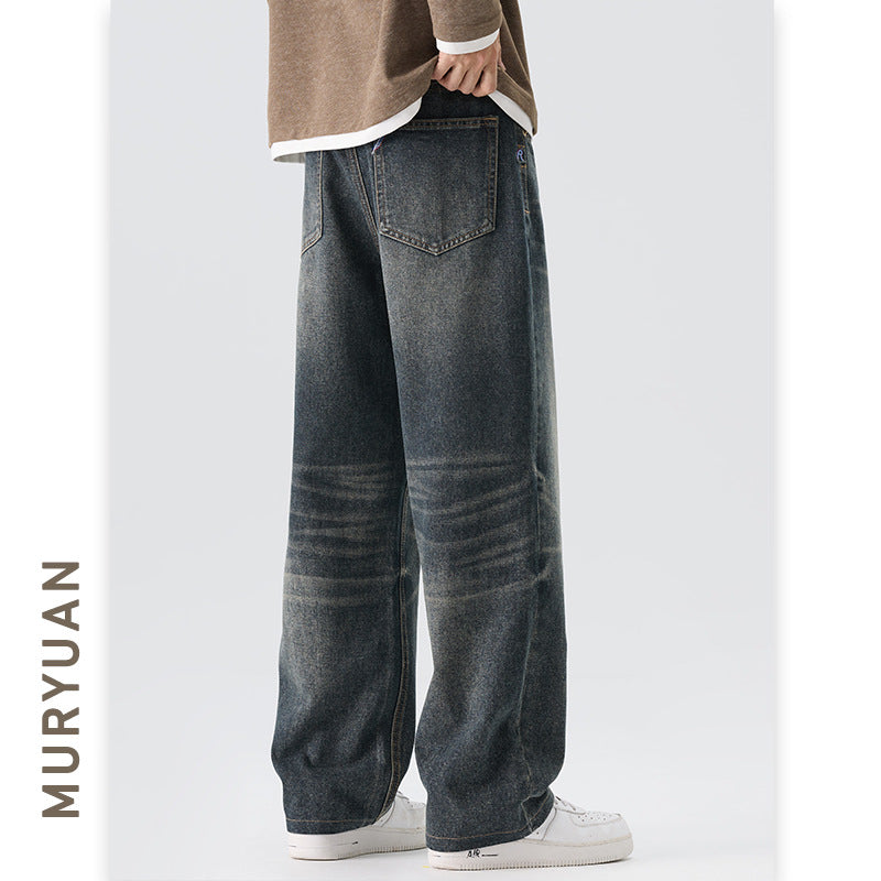 Blue Gray Denim Pants Men's Trendy Straight Leg Streetwear