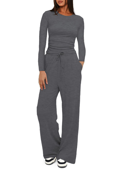 Casual Solid Color Long Sleeve Top & High-Waisted Wide Leg Pants Set Sportswear