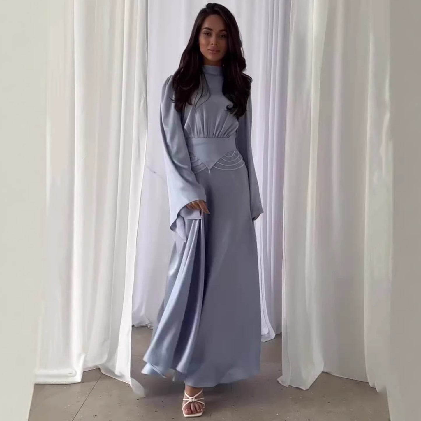 Elegant Solid Color Fashionable Long Sleeve Dress with Slim Waist and Breathable Design Summer Dress