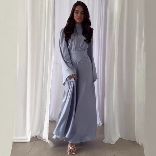 Elegant Solid Color Fashionable Long Sleeve Dress with Slim Waist and Breathable Design Summer Dress