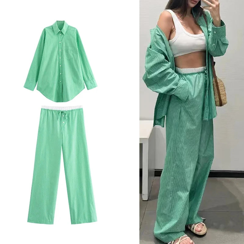 Striped Pants Sets Women's 2-piece Autumn Chic Loose Wide-leg Pants Sets Street Fashion Youth 2 Piece Sets Womens Outfits