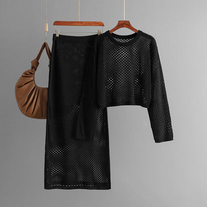 New summer women's hollow knitted sweater long skirt fashion two-piece dress set