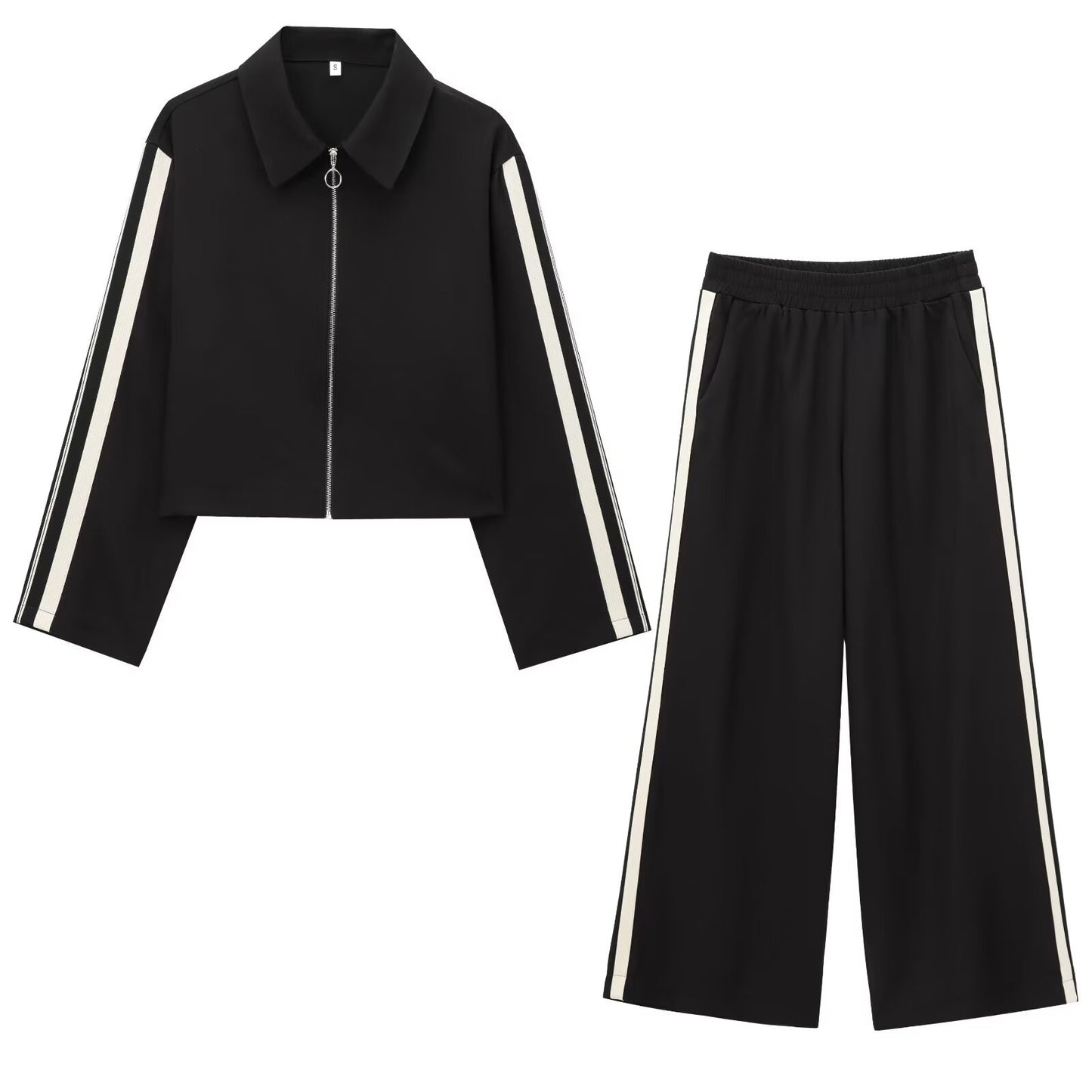 Women's Side Stripe Belted Jacket + Side Belted Wide Leg Pants Set