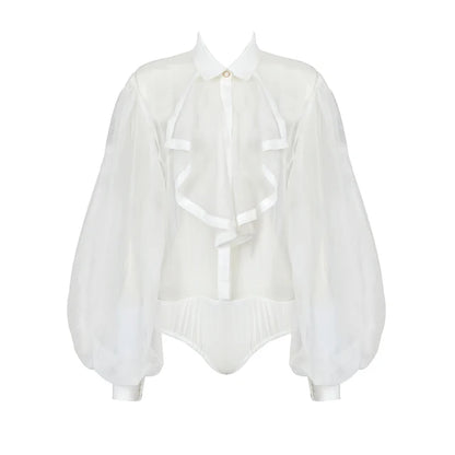 VC Ruffles Dresses For Women 2022 Summer New Trendy Long Sleeve Turndown Collar Loose One Piece Organza BodySuit