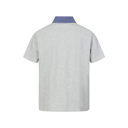 minimalist faux two-piece checkered collar polo shirt , summer casual versatile short sleeve top