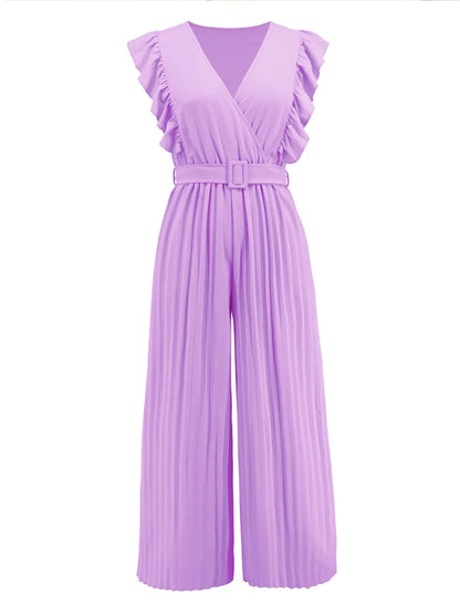 Geplooide jumpsuit met ceintuur en korte ruches mouwen