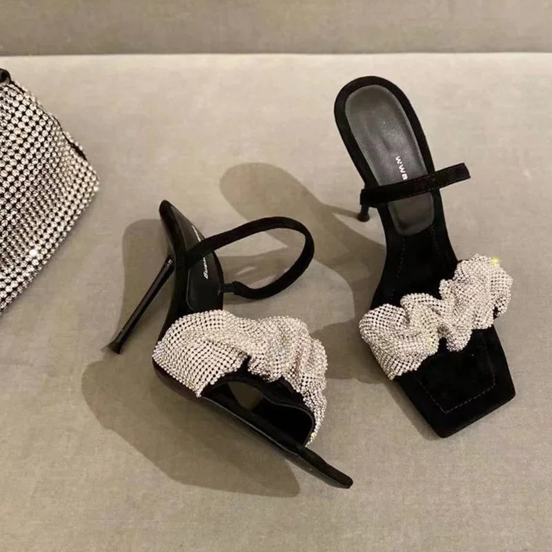 New Summer Fashion Design PU High Heels Women's Shoes Square Toe 7 Cm Non Slip Rhinestone Pumps Bling Women Sandals