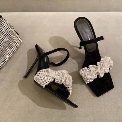 New Summer Fashion Design PU High Heels Women's Shoes Square Toe 7 Cm Non Slip Rhinestone Pumps Bling Women Sandals