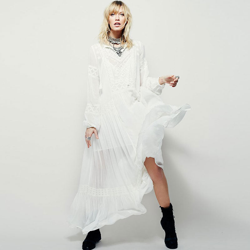 Dames maxi-jurk met lange mouwen van linnen met etnische borduursels hippie/boho stijl