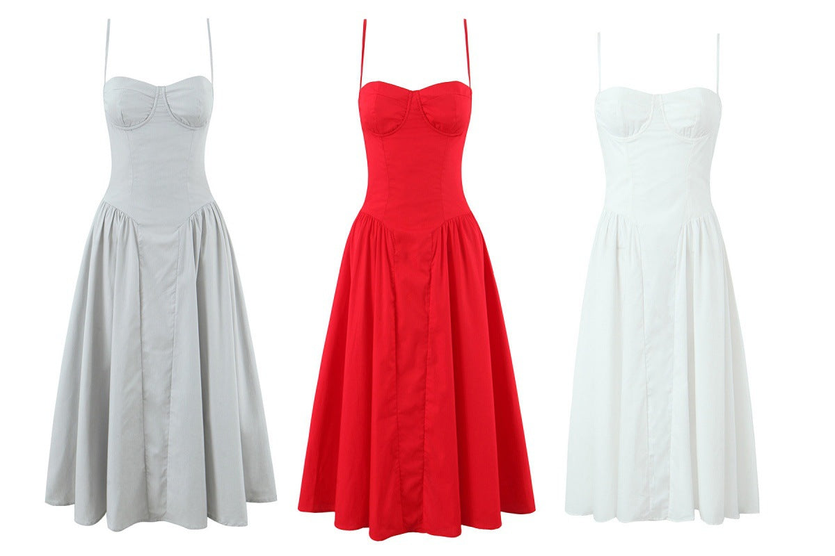 Summer European and American fashion square neck three-dimensional steel ring waist cinched pleated dress