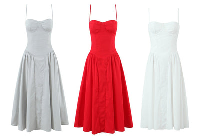 Summer European and American fashion square neck three-dimensional steel ring waist cinched pleated dress