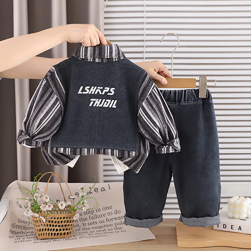 Striped patchwork denim long sleeved three piece set for men