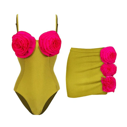 Women Swimwear Color Block 3D Flower One Piece Swimsuit and Skirt  Bikini Sets Beachwear Bathing Suit