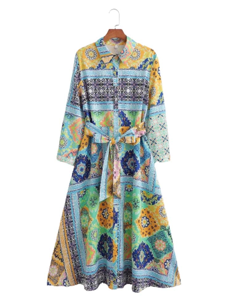 Woman Dress New Fashion Print Boho Elegant Dresses For Women Vintage With Belt Casual Female Party Dresses