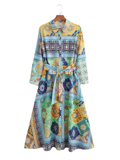 Woman Dress New Fashion Print Boho Elegant Dresses For Women Vintage With Belt Casual Female Party Dresses