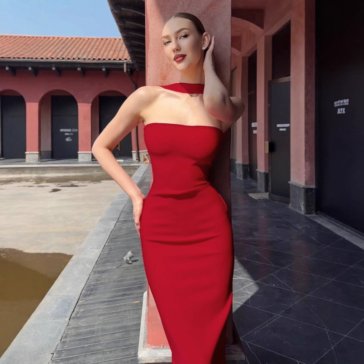 Women's Strapless One-Shoulder Halter Backless Fitted Bodycon Slit Dress