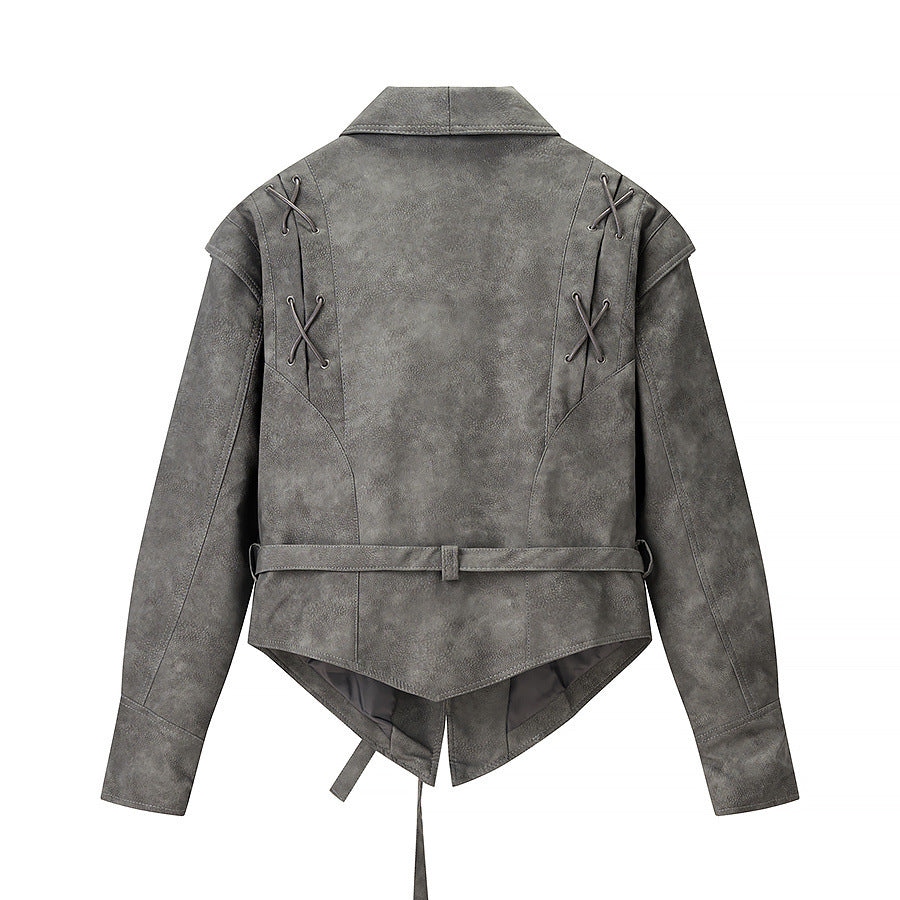 Grijze PU-leren jacket met ceintuur voor dames