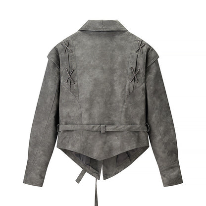 Grijze PU-leren jacket met ceintuur voor dames
