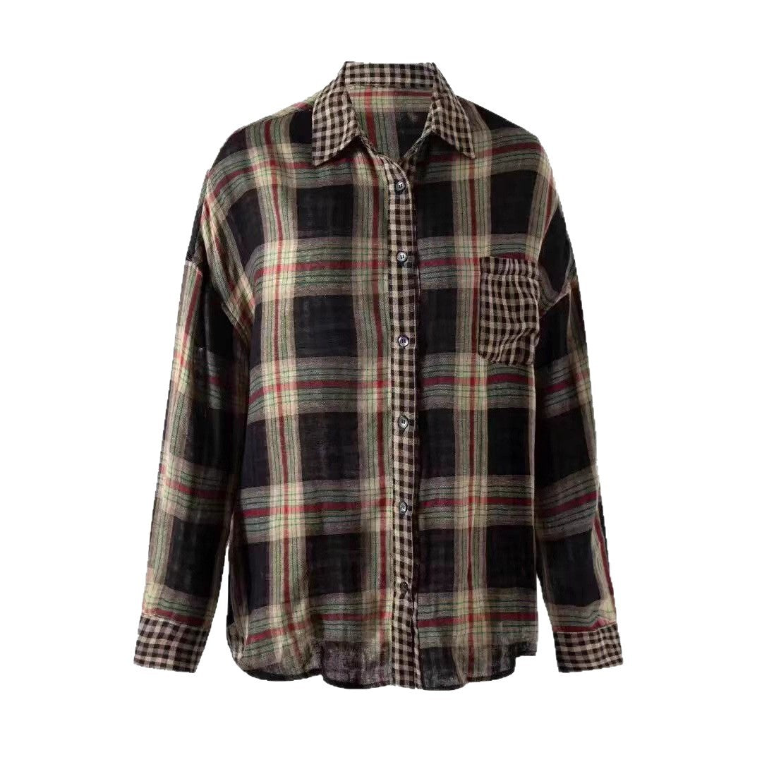 Retro Color-Block Plaid Shirt Women Loose Lazy Style Spliced Design Long Sleeve Sunscreen Blouse
