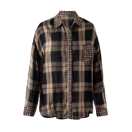 Retro Color-Block Plaid Shirt Women Loose Lazy Style Spliced Design Long Sleeve Sunscreen Blouse