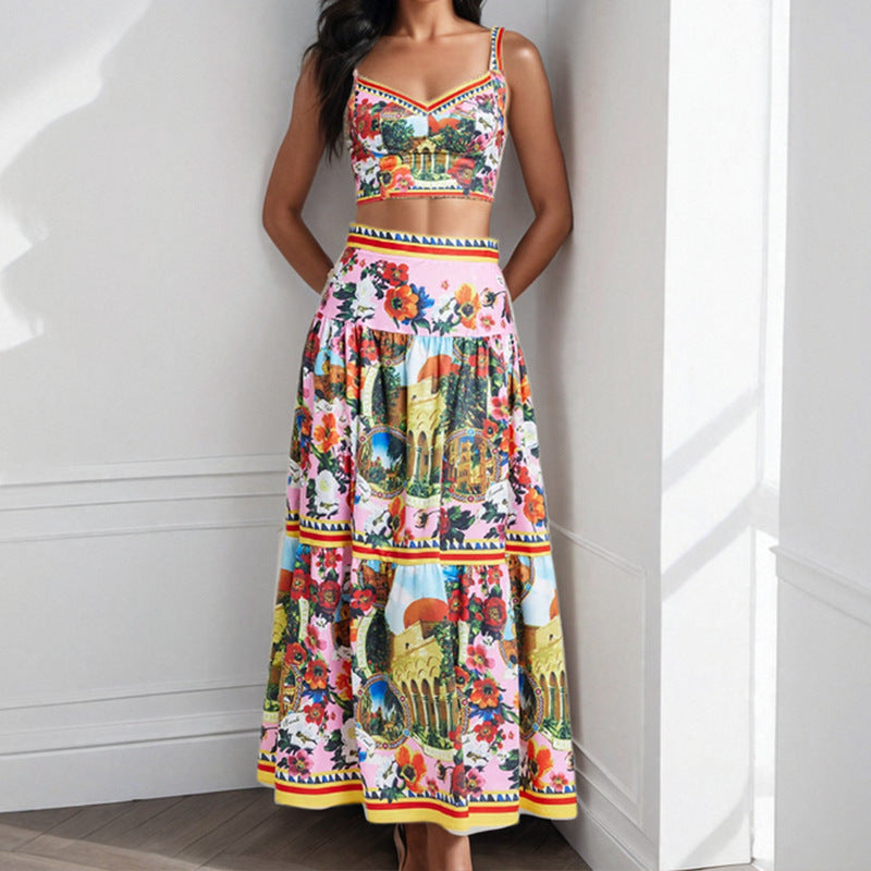 Splicing strapless camisole skirt fashion set two-piece set