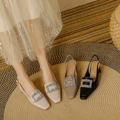 Genuine leather style square toe back empty single shoes with thick heels and one line buckle high heels
