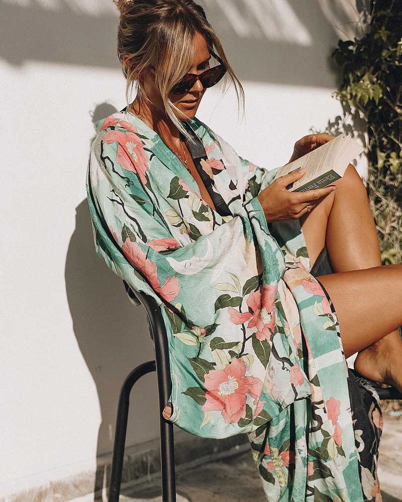 Green Vintage Retro Night Garde Print Boho Maxi Kimono Shirt Sleeve Cardigan Bohemian Long Wrap Blouse Summer Tops Beachwear