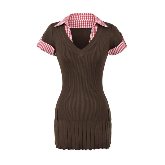 Chique gebreide patchworkjurk 2-in-1 look