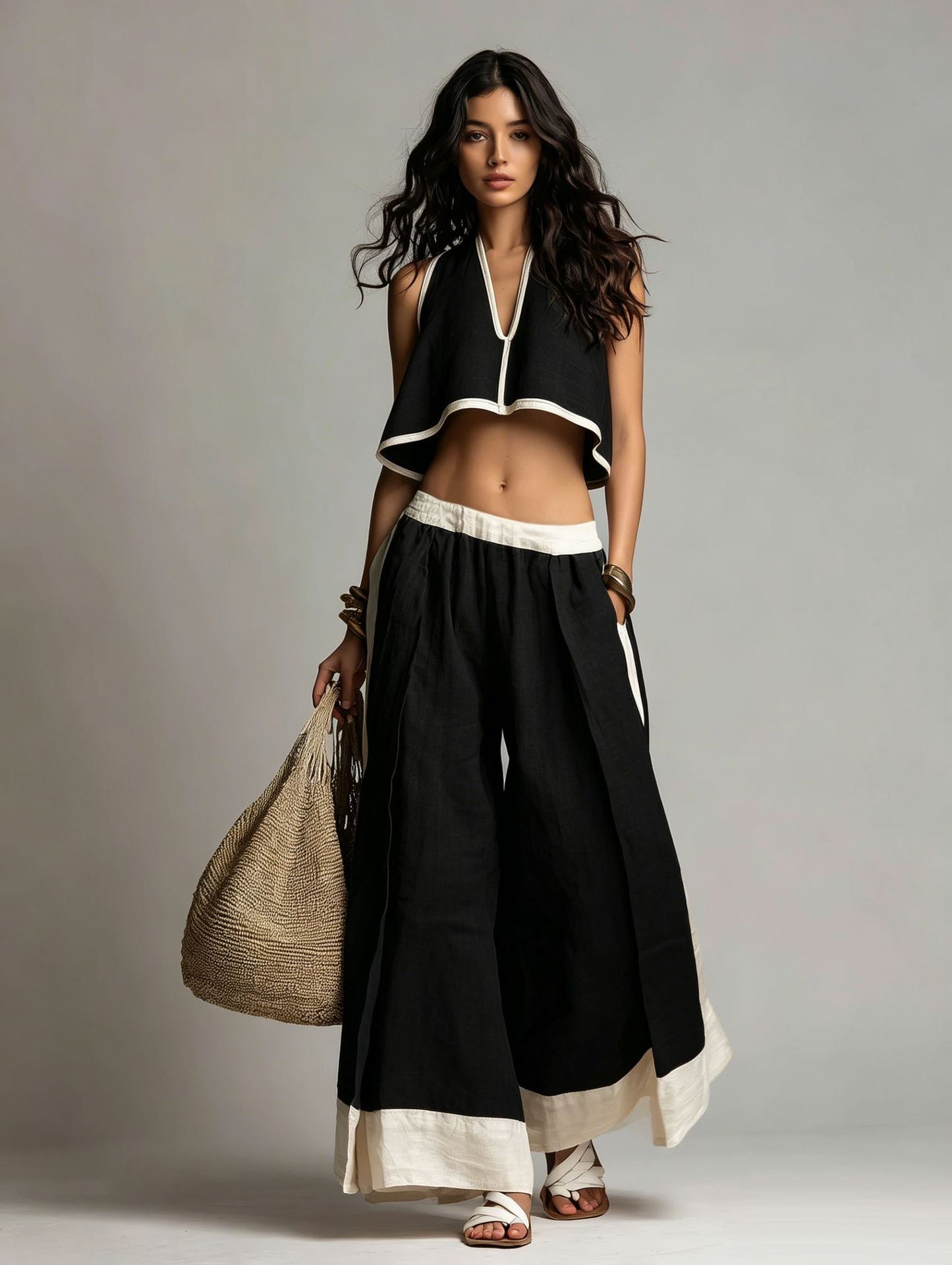 Summer Fashion Casual Temperament Solid Color Sleeveless V-Neck Two-Piece Set