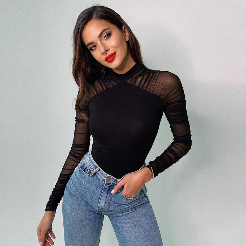 Mesh long sleeved patchwork round neck slim fit jumpsuit