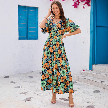 Real Cotton Printed Ruffle Batwing Sleeve V-Neck Waist-Cinched Flared Dress Bohemian Beach Vacation Skirt