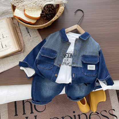 Baby autumn block denim long sleeved three piece set