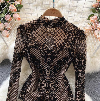 All-In-One Sexy See-Through Long-Sleeved Slim Bottoming Top Leopard-Print Plaid Slim Jumpsuit