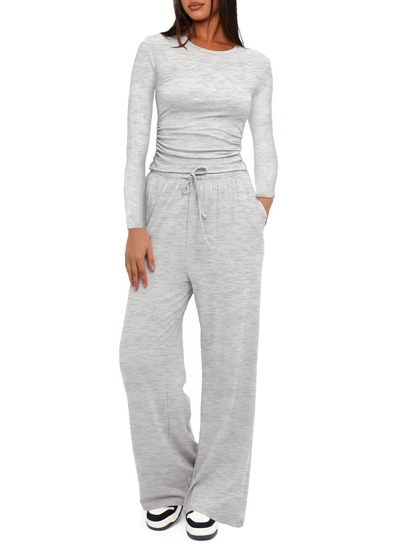 Casual Solid Color Long Sleeve Top & High-Waisted Wide Leg Pants Set Sportswear