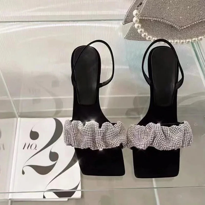 New Summer Fashion Design PU High Heels Women's Shoes Square Toe 7 Cm Non Slip Rhinestone Pumps Bling Women Sandals