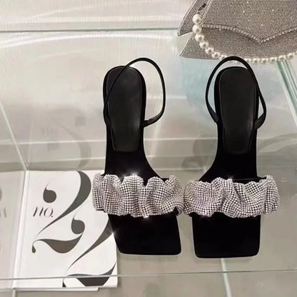 New Summer Fashion Design PU High Heels Women's Shoes Square Toe 7 Cm Non Slip Rhinestone Pumps Bling Women Sandals