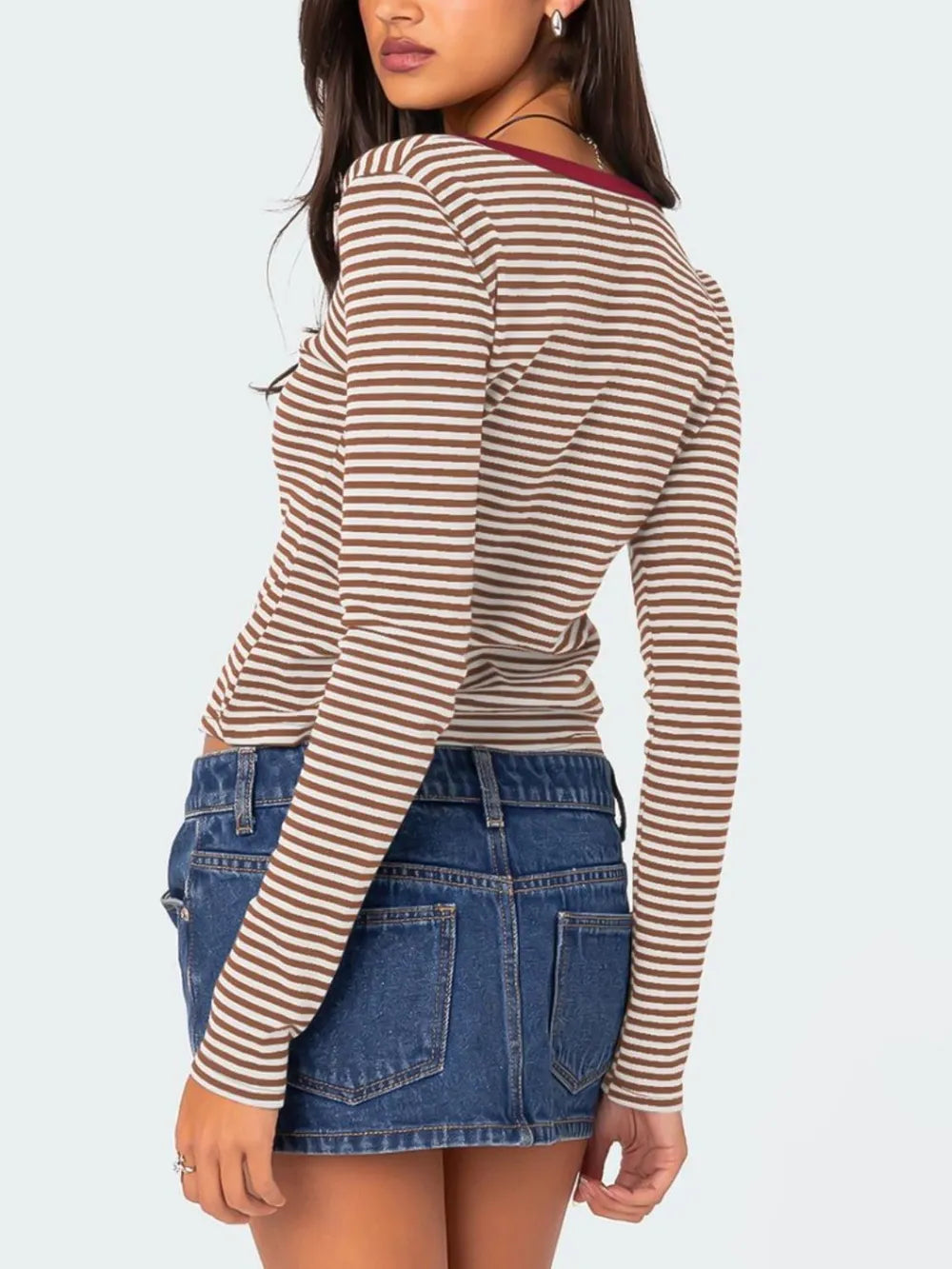 Color blocking striped knitted sweater women's summer top button slim fit shoulder t-shirt