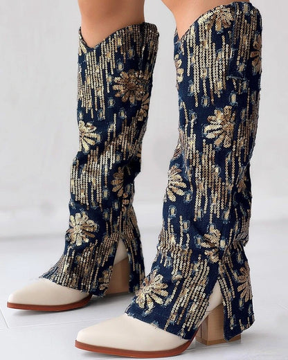 Shiny denim jeans leg boots with pointed thick heels oversized cuffs women's fashion boots